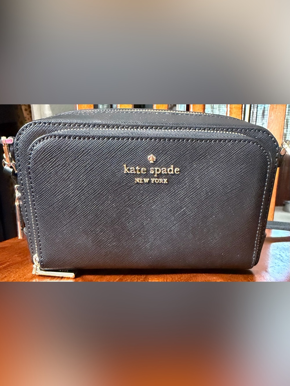Kate Spade Black Double Zip Crossbody Purse Gold Hardware Adjustable Strap